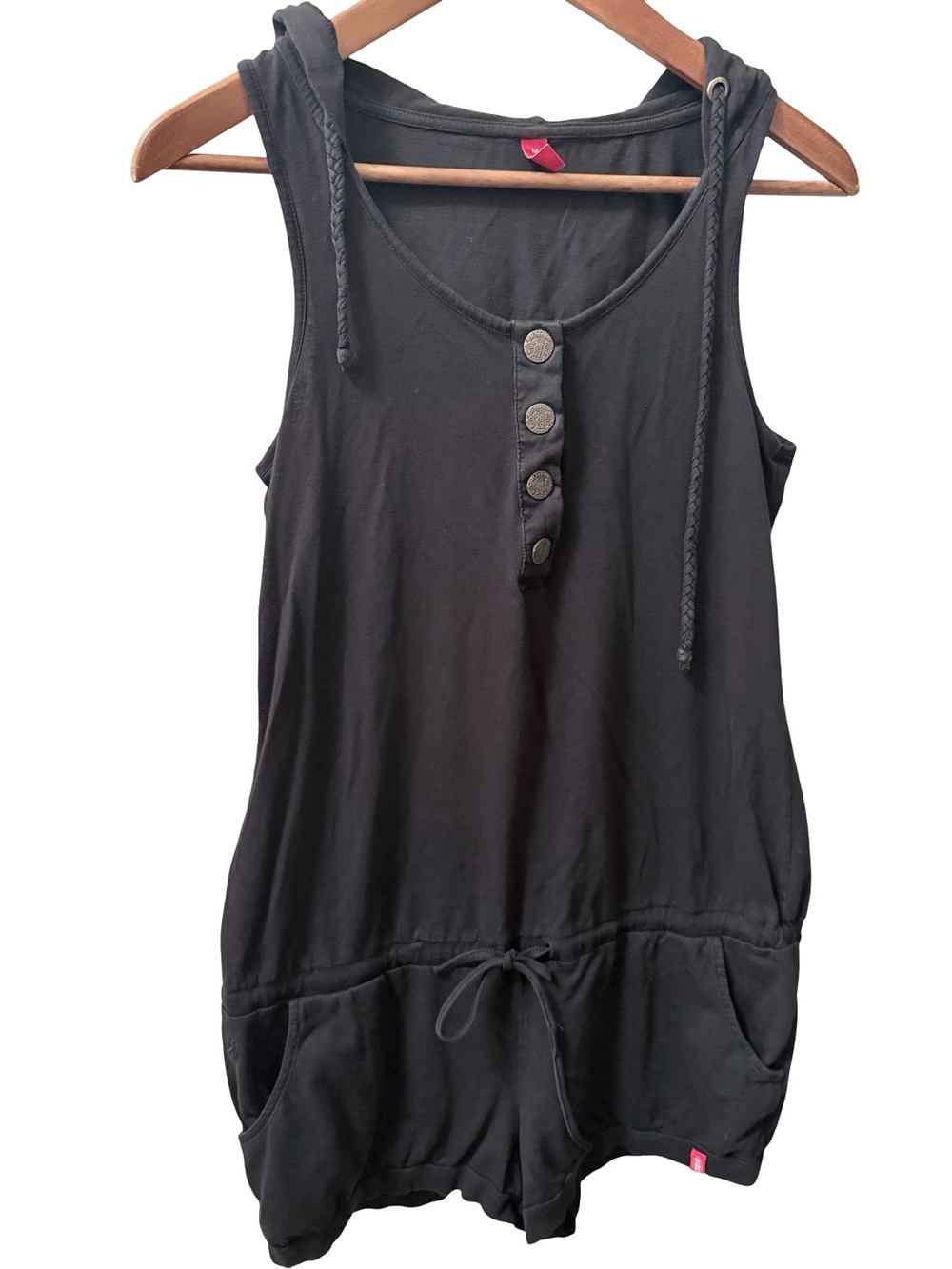 Esprit EDC Black Sleeveless Hooded Knit Romper with Button Plackets